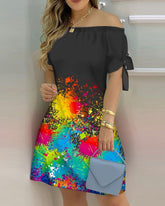 Off Shoulder Summer Mini Dress Short Sleeve Bow Tie Striped Plaid Floral Vestidos